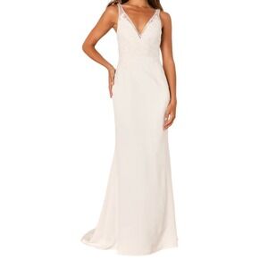 Lulus Precious Promise White Satin Embroidered Lace Mermaid Maxi Dress sze M NWT